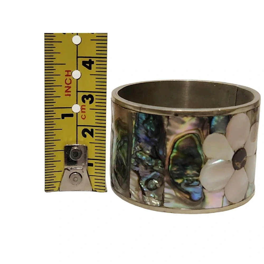 VINTAGE ABALONE Flowers MOTHER OF PEARL NAPKIN RING SET‎ 6 Silver Mexico